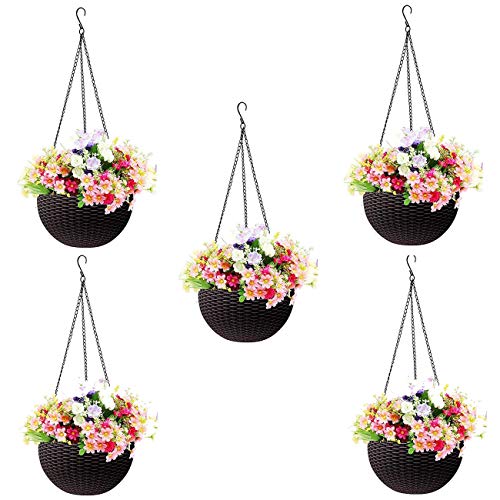 Bianco Round Rattan Woven Hanging Planters with Hanging Chain, Hanging Pots for Plants Balcony (Coffee Brown, Set of 5, 7.1x4.8 Inch) - Image 1