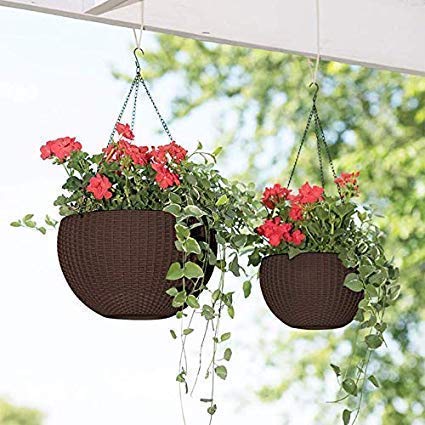 Bianco Round Rattan Woven Hanging Planters with Hanging Chain, Hanging Pots for Plants Balcony (Coffee Brown, Set of 5, 7.1x4.8 Inch) - Image 3
