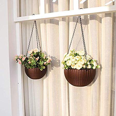 Bianco Round Rattan Woven Hanging Planters with Hanging Chain, Hanging Pots for Plants Balcony (Coffee Brown, Set of 5, 7.1x4.8 Inch) - Image 4