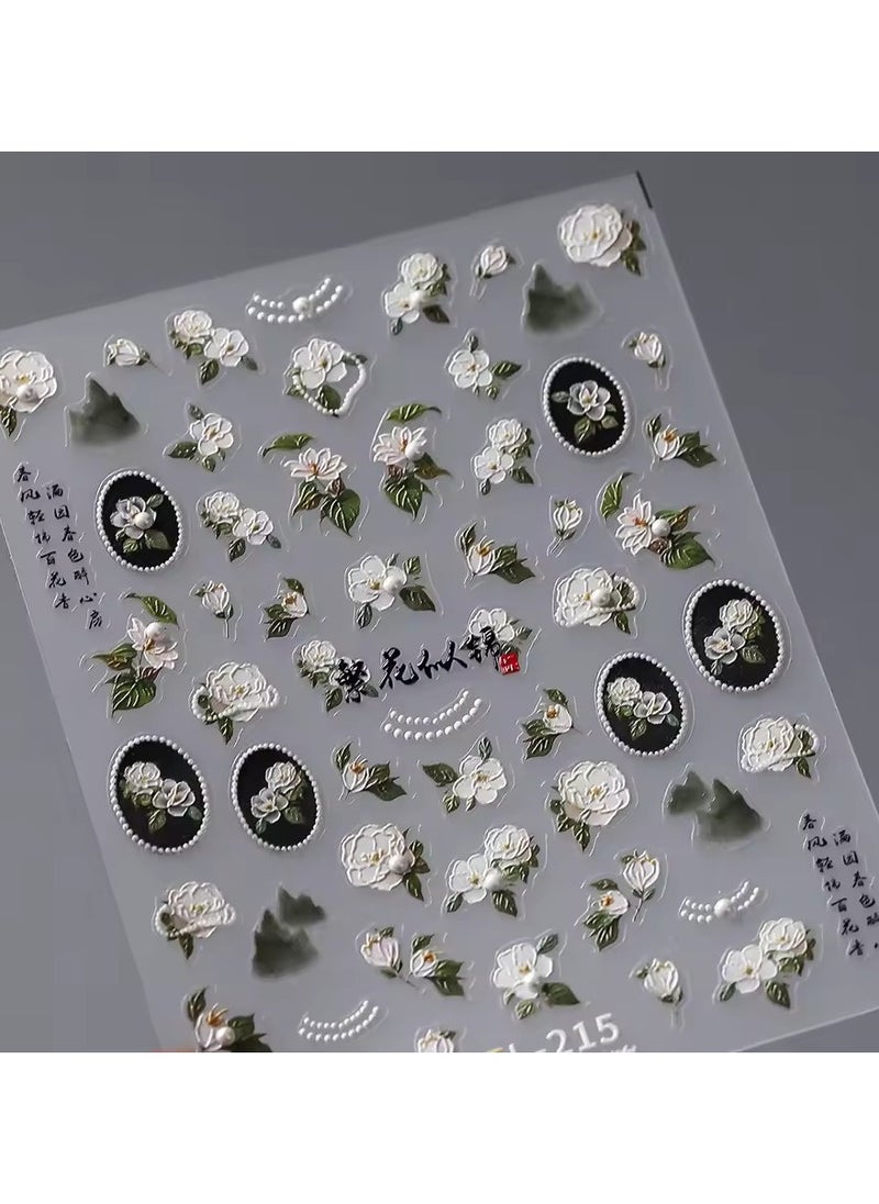 Goolsky White Camellia Pearl 5D Embossed Reliefs Self Adhesive Nail Art Stickers Jasmine Peach Blossom 3D Manicure Decals Wholesale  - Image 2