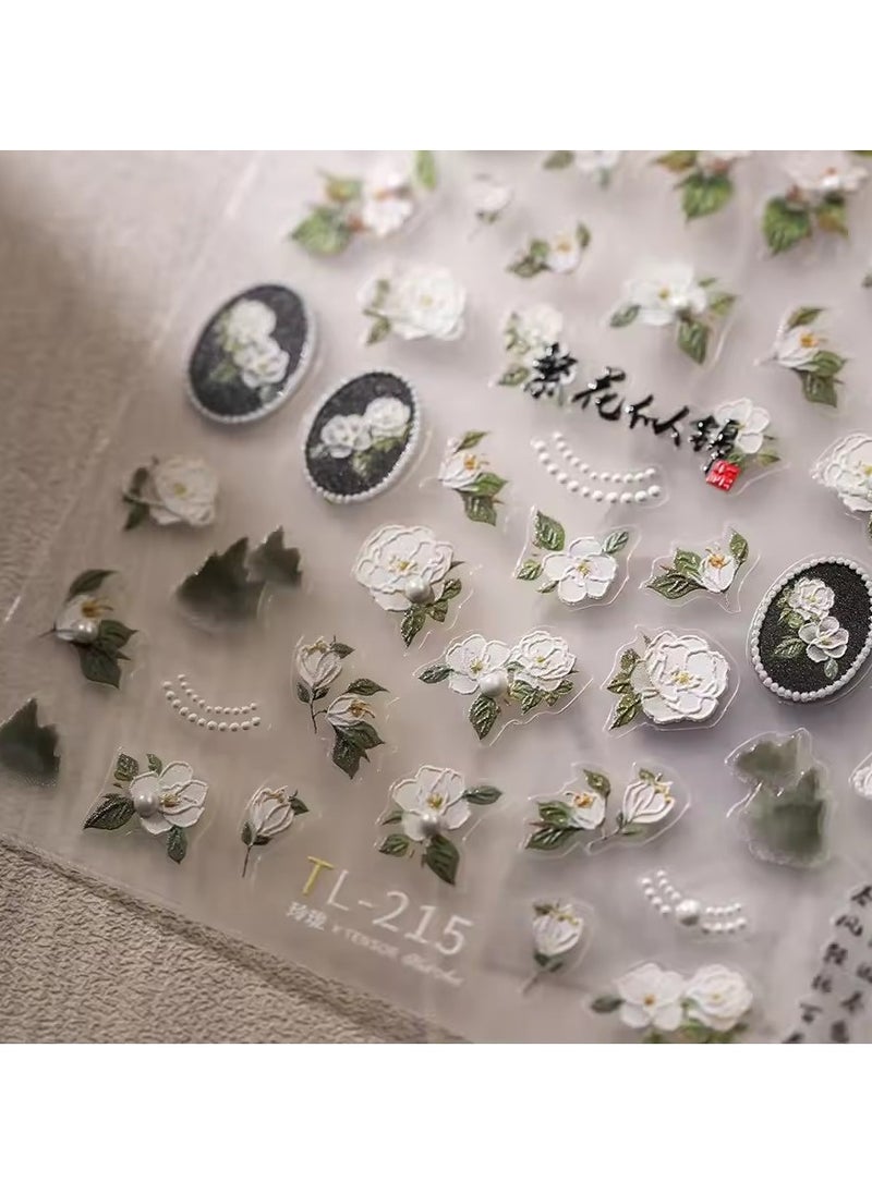 Goolsky White Camellia Pearl 5D Embossed Reliefs Self Adhesive Nail Art Stickers Jasmine Peach Blossom 3D Manicure Decals Wholesale  - Image 5