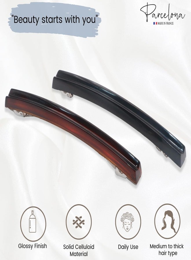 Parcelona French Sleek Groove Tortoise Shell Brown and Black Large 4” Celluloid Made in France Set of 2 Hair Clip Barrettes for Women and Girls - Image 2