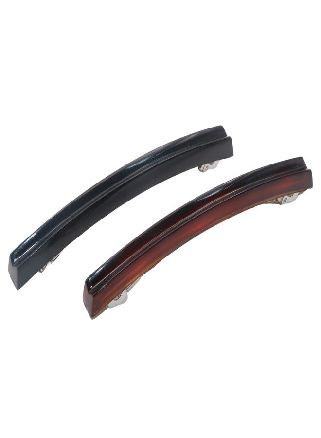 Parcelona French Sleek Groove Tortoise Shell Brown and Black Large 4” Celluloid Made in France Set of 2 Hair Clip Barrettes for Women and Girls - Image 1