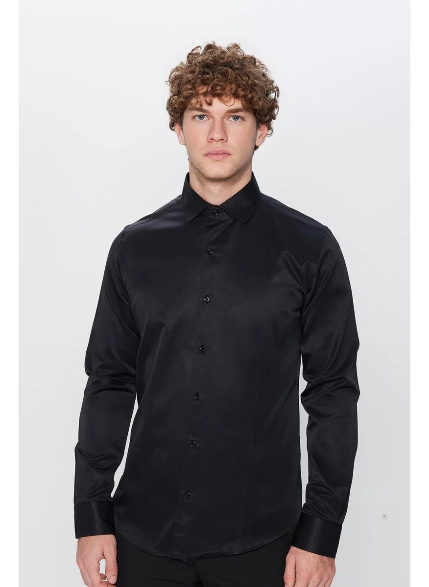 تودورس Slim Fit Slim Cut Long Sleeve Front Handle Plain 4 Seasons Men's Shirt