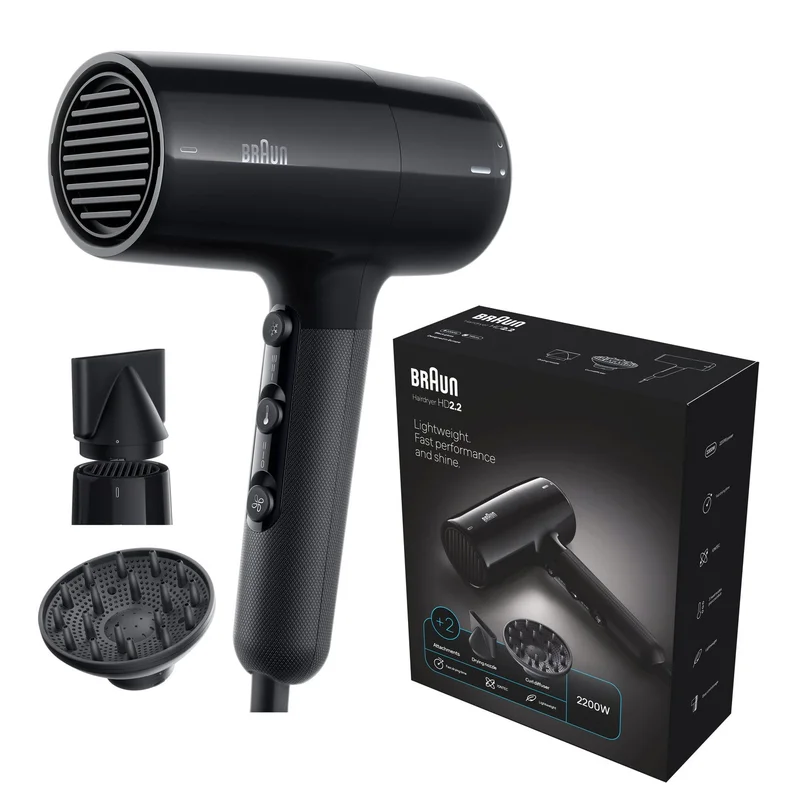 Braun Hairdryer HD2.2 Hair Dryer, 2200 W, +2 Attachments, Large Diffuser & Nozzle, Pivot Cord Guard, Ionic function, Ion Black - BRHD225SDE