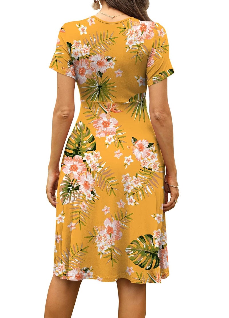 WEACZZY Modest Dresses for Women Midi Summer Dress for Womens Short Sleeve Dresses 2025,Floral Green Leaf Yellow,L - Image 4