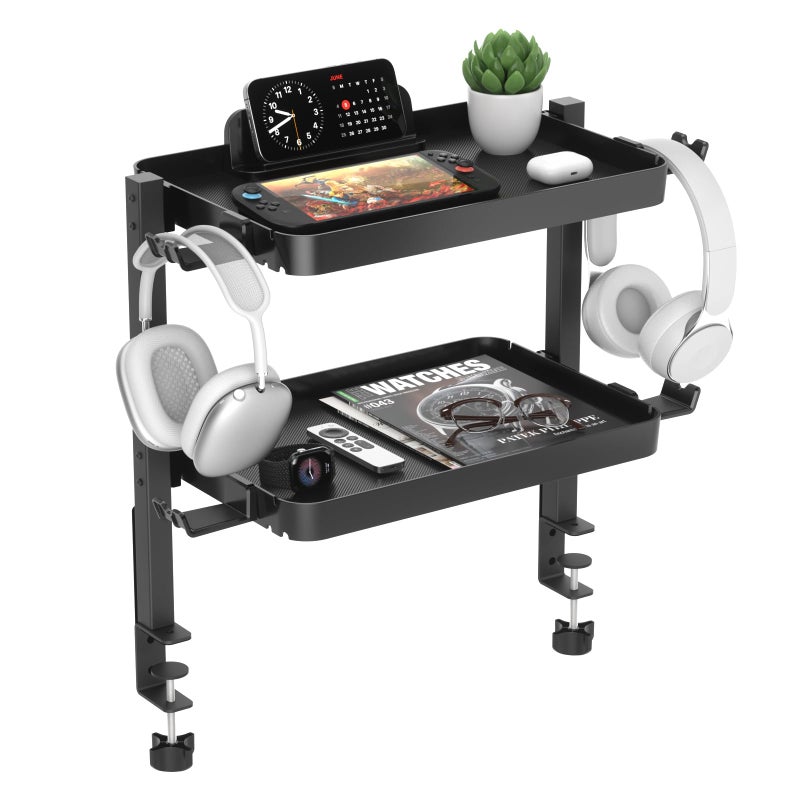 KDD Clamp On Desk Organizer - Adjustable 2-Tier Above or Under Desk Shelves with Large Capacity Tray, Phone & Tablet Holder, Headphone Hook - No Drilling Desktop Storage for Office & Home Accessories - Image 1
