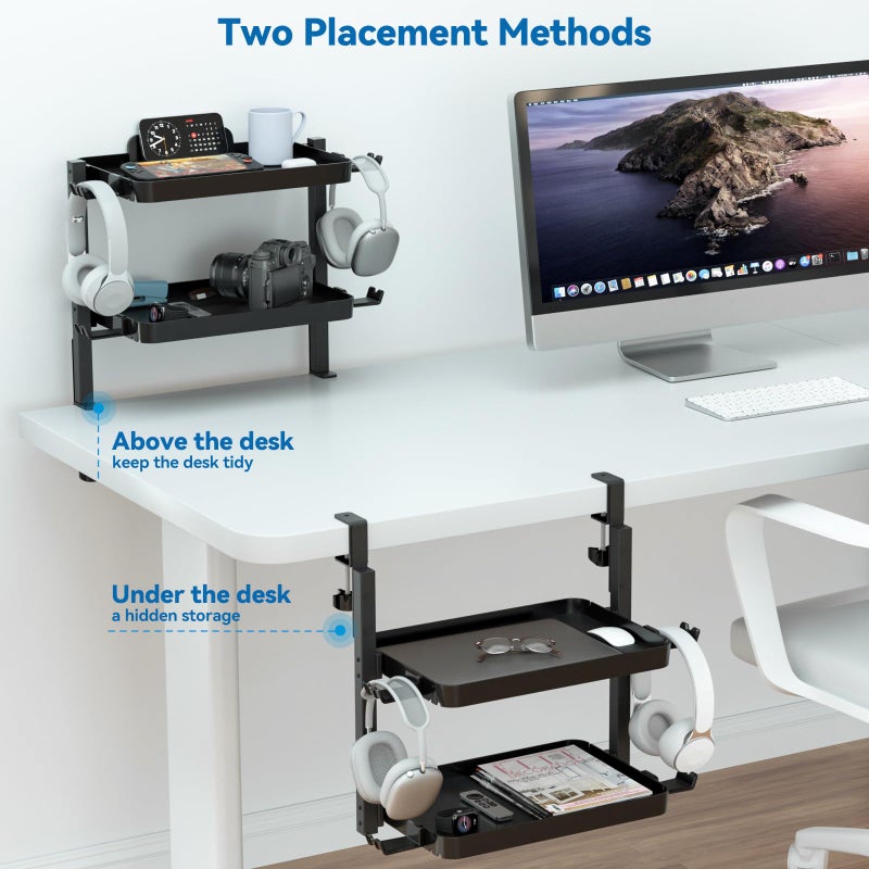 KDD Clamp On Desk Organizer - Adjustable 2-Tier Above or Under Desk Shelves with Large Capacity Tray, Phone & Tablet Holder, Headphone Hook - No Drilling Desktop Storage for Office & Home Accessories - Image 4