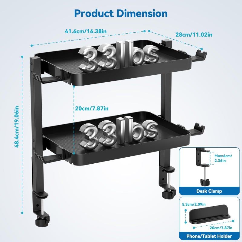 KDD Clamp On Desk Organizer - Adjustable 2-Tier Above or Under Desk Shelves with Large Capacity Tray, Phone & Tablet Holder, Headphone Hook - No Drilling Desktop Storage for Office & Home Accessories - Image 3