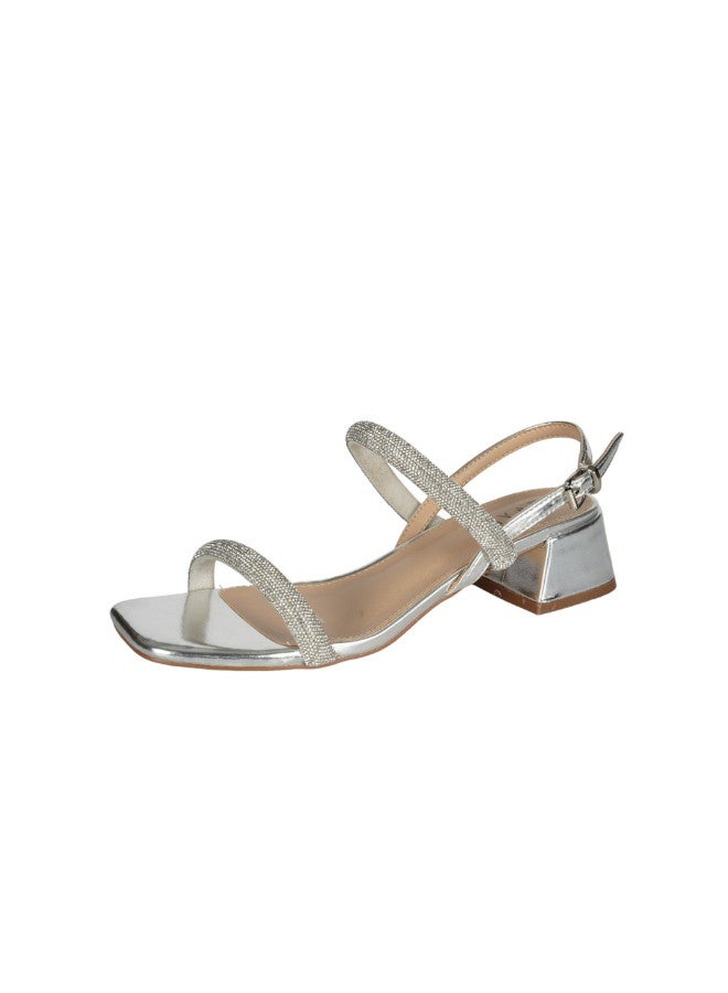 ZAYNA صنادل زينيا النسائية بكعب متوسط وحزام خلفي فضي - Image 3