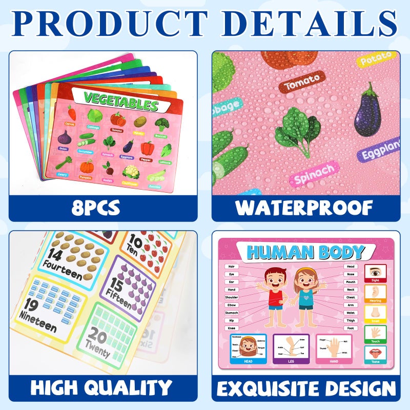 OBUSATT Educational Placemats for Kids Set of 8 Back to School Preschool Toddler Placemat Washable Table Mat Time, Number, Human Body, Shapes, Fruits, Vegetables, Vehicles, Alphabet for School Dining Table - Image 3