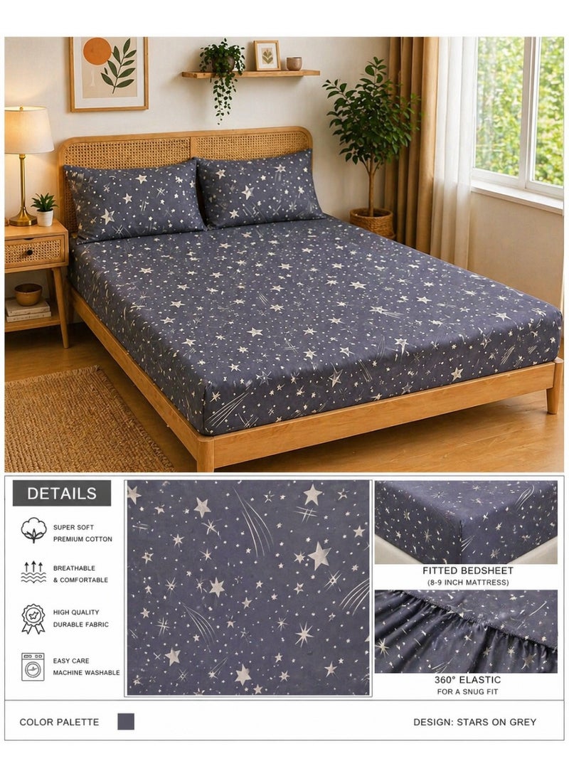 إي وورلد طقم شرشف سرير مطاطي 3 قطع من Eworld، تصميم نجوم سماوية، قطن 100%، 125 GSM، 1 شرشف مطاطي + 2 غطاء وسادة – متوفر بمقاسات كينج، كوين، وسينجل - Image 2