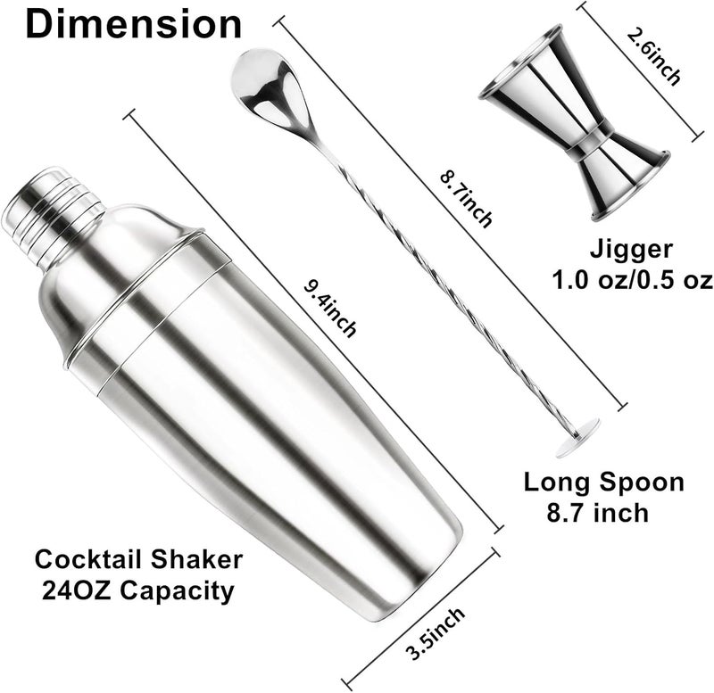 Ohtomber 24OZ Cocktail Shaker Set - Cocktail Bar Martini Drink Shaker Set with Strainer, Stainless Steel Bartender Kit Drink Mixer with Jigger, Mixing Spoon, Bar Accessories for Beginners - Image 2