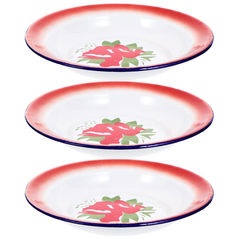 Vintage Floral Enamel Plates Set 3 Pieces 20cm Round Retro Tableware For Snacks - Image 2