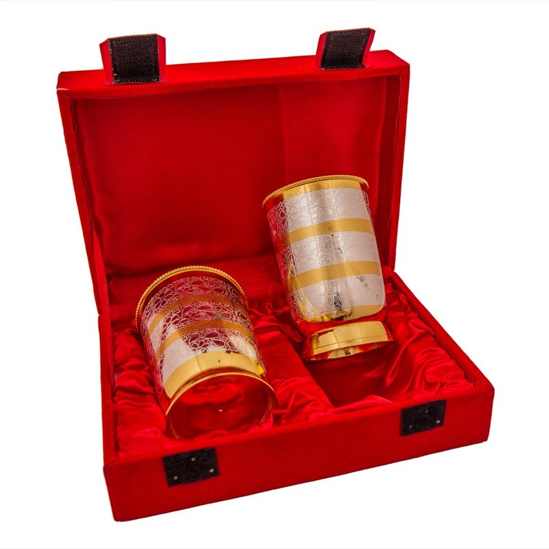 Piepot Brass Tumbler Glass for Drinking Water Set of 2 660 Ml SilverGold Plated Embossed Design Ideal for Gifting Return Gift - Image 2