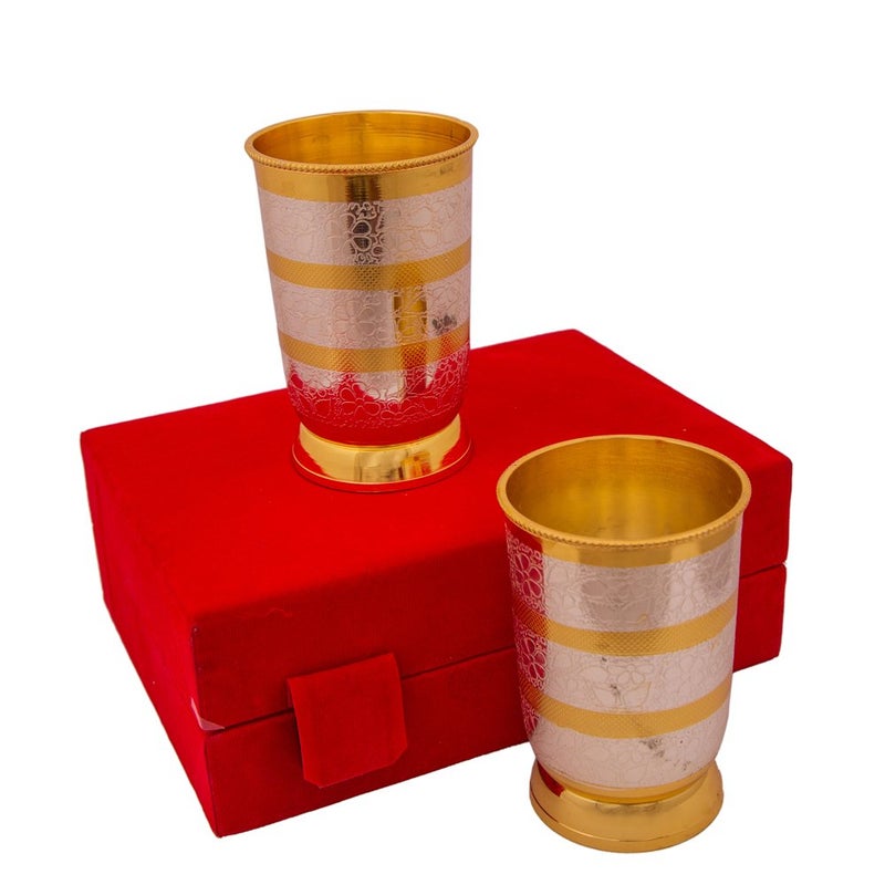 Piepot Brass Tumbler Glass for Drinking Water Set of 2 660 Ml SilverGold Plated Embossed Design Ideal for Gifting Return Gift - Image 1