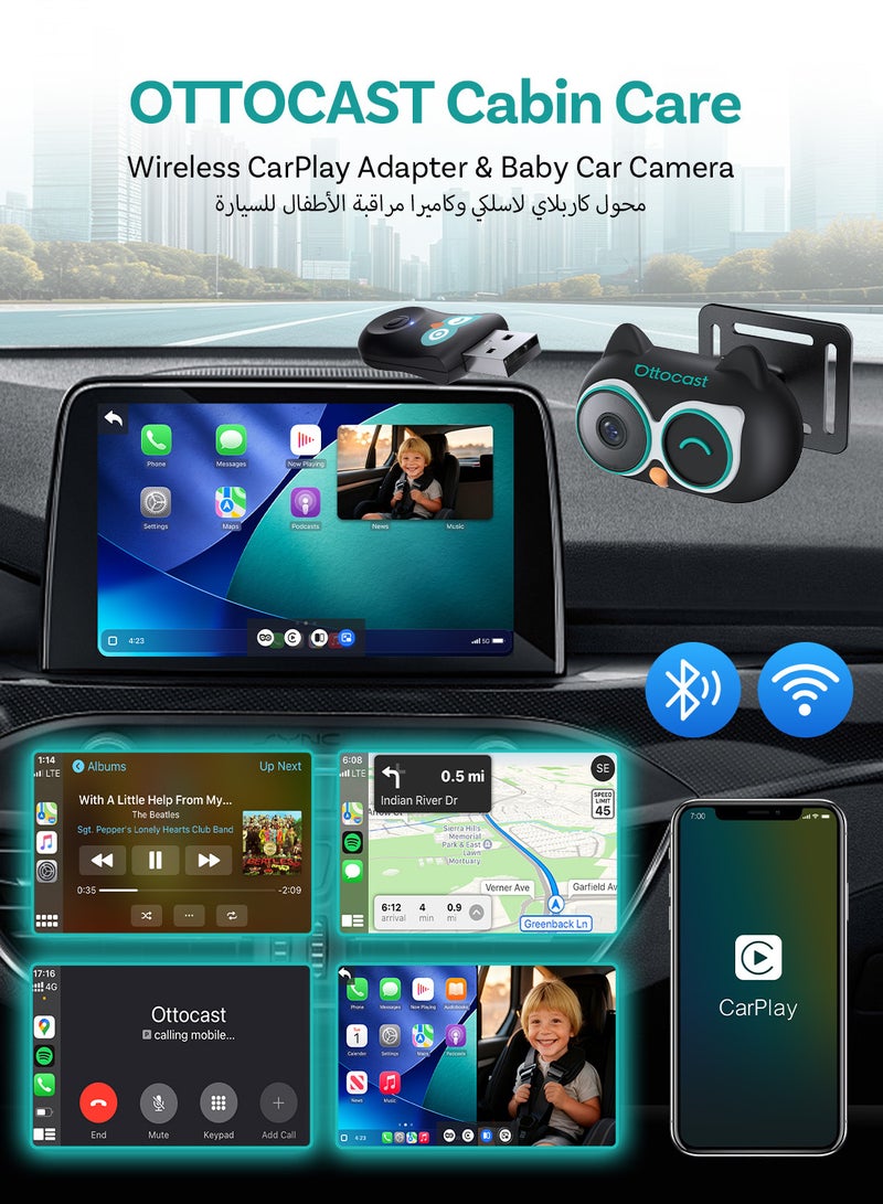 OTTOCAST Cabin Care Wireless Car Adapter with Baby Car Camera,1080P HD Rear Seat Baby Monitor, Split Screen Navigation, Plug-and-Play,for Parents & Pet Owners - Image 2