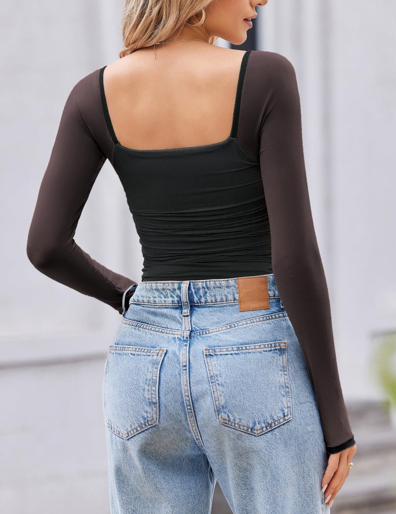 Avidlove Women's Square Neck Mesh Long Sleeve Bodysuit Shirts Ruched Body Suit Sexy Sheer Tops Date Night Outfit - Image 4