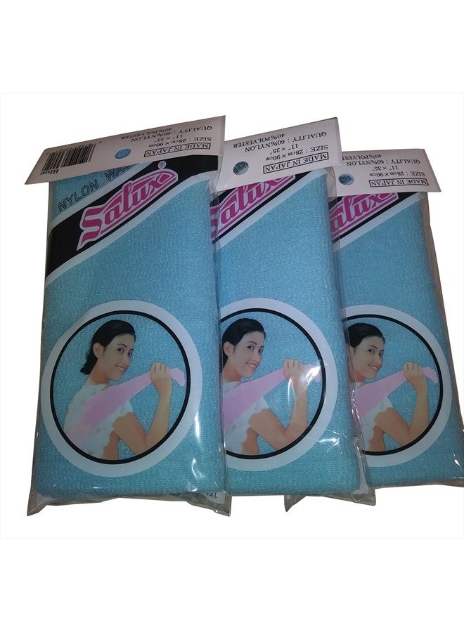 Salux Nylon Japanese Beauty Skin Bath Wash Cloth/Towel - Blue (3 pack, Blue)