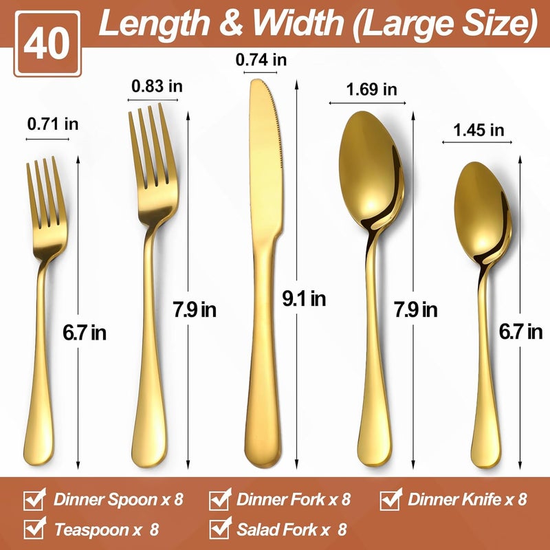 Lazycorner 40 Pcs Gold Silverware Set for 8 Food Grade Stainless Steel Flatware Set Include ForkKnifeSpoon Mirror Polished Eating Utensils Sets Reusable Silverwear Cutlery Set Dishwasher Safe - Image 2