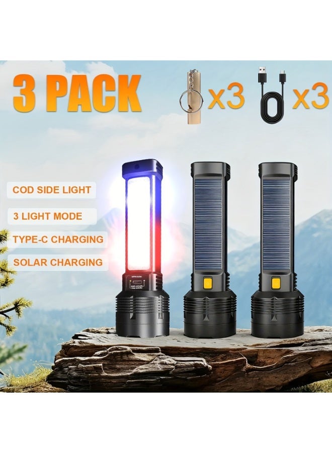 3 Ultra-Bright Solar-Powered Led Flashlights, Usb Rechargeable Led Cob Work Light, 3 Modes, Handheld Flashlight With Additional Accessories Including A Survival Whistle, A Must-Have For Campers And Hikers. - Image 1