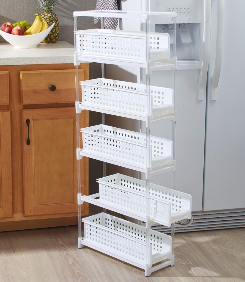 Slim Kitchen Storage with Five SlideOut Drawers for Pantries Gaps Bathrooms