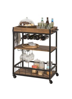 INDIAN DECOR INDIAN DECOR 8800 MDF Wood Metal Vintage Style 3 Tiers Kitchen Serving Trolley with Wine Rack Black  - Image 2