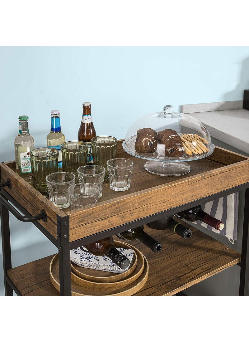 INDIAN DECOR INDIAN DECOR 8800 MDF Wood Metal Vintage Style 3 Tiers Kitchen Serving Trolley with Wine Rack Black  - Image 3