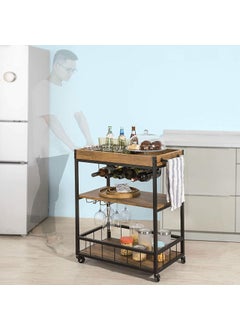 INDIAN DECOR INDIAN DECOR 8800 MDF Wood Metal Vintage Style 3 Tiers Kitchen Serving Trolley with Wine Rack Black  - Image 1