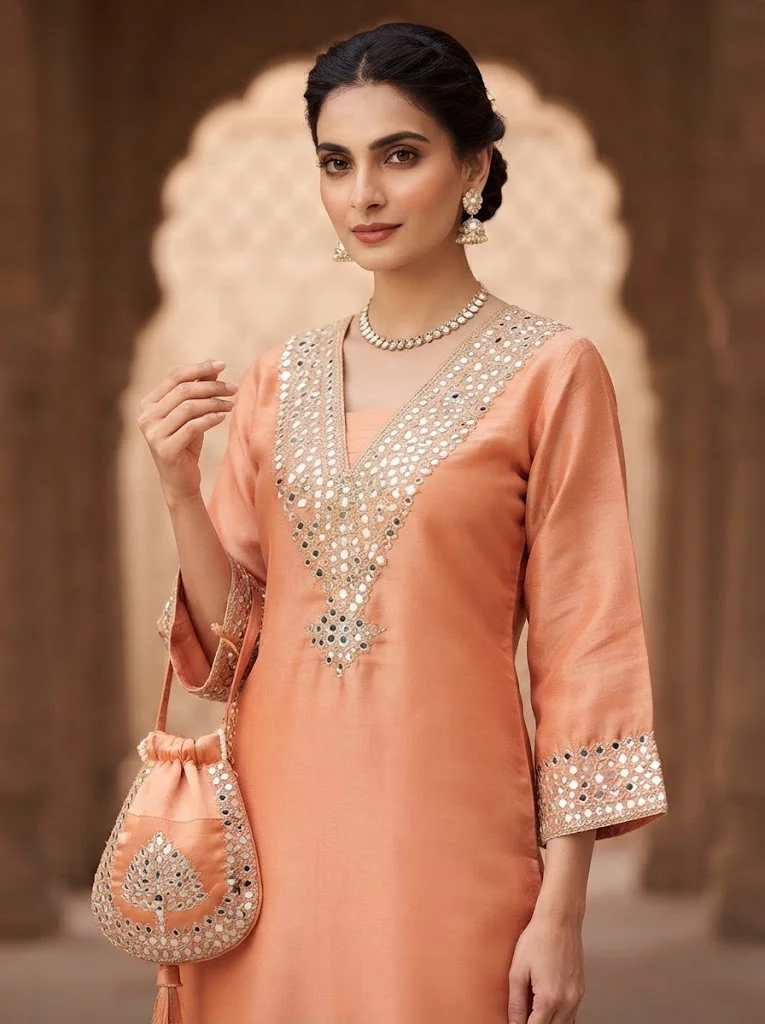 Viny VINY Peach 2-Piece Mirror Embellished Kurta Palazzo Set – Women's Indian Ethnic Wear