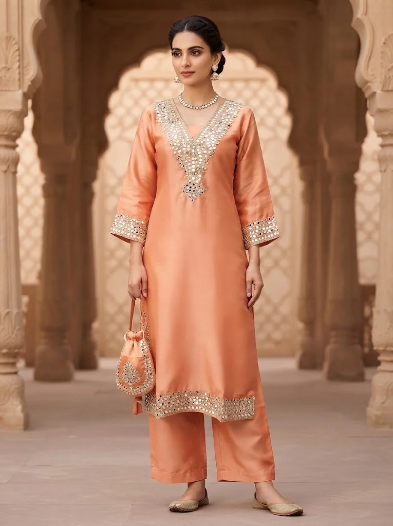 Viny VINY Peach 2-Piece Mirror Embellished Kurta Palazzo Set – Women's Indian Ethnic Wear