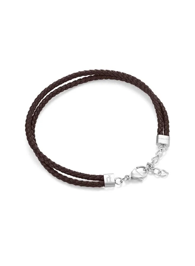 POLICE Close Up II Men's Stainless Steel 2 Row Brown Leather Bracelet