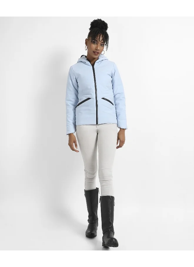 Campus Sutra Women's Light Blue Zip-Front Bomber Jacket With Insert Pockets