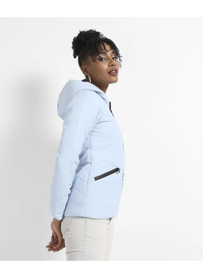 Campus Sutra Women's Light Blue Zip-Front Bomber Jacket With Insert Pockets