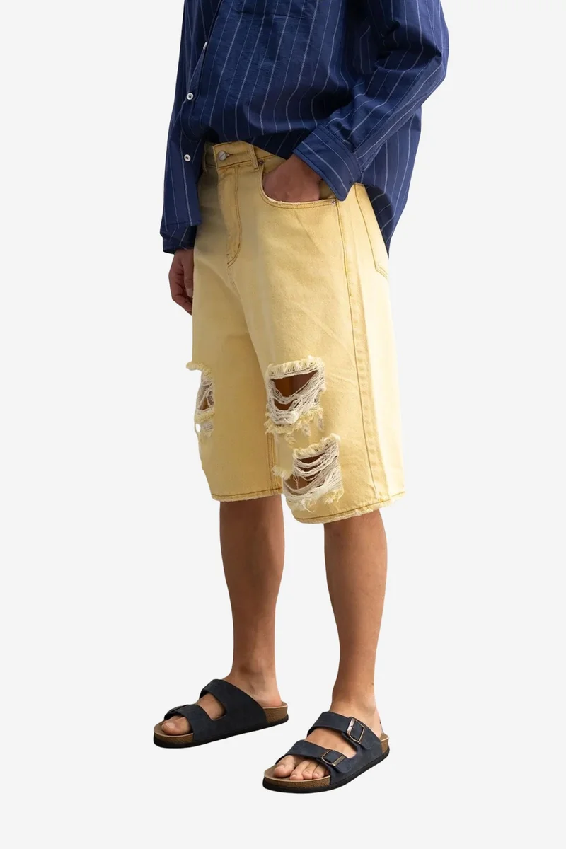 Giesto Amber Yellow GIESTO Destroyed Denim Shorts for Men | Best Price UAE