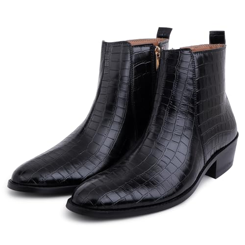 LOZANO Black Croco Print Embossed Leather Chelsea Boots for Men with Zip Fastening | High Ankle Handcrafted Chelsea Boots |Size-8| - Image 4