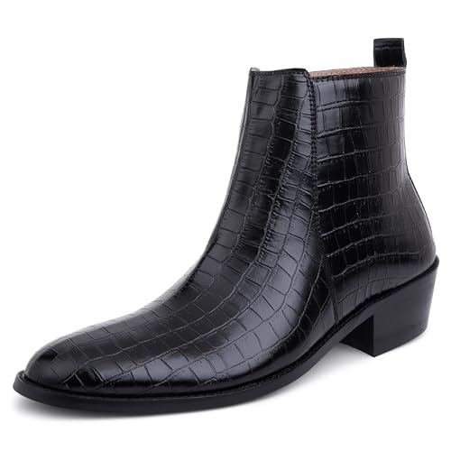 LOZANO Black Croco Print Embossed Leather Chelsea Boots for Men with Zip Fastening | High Ankle Handcrafted Chelsea Boots |Size-8| - Image 1