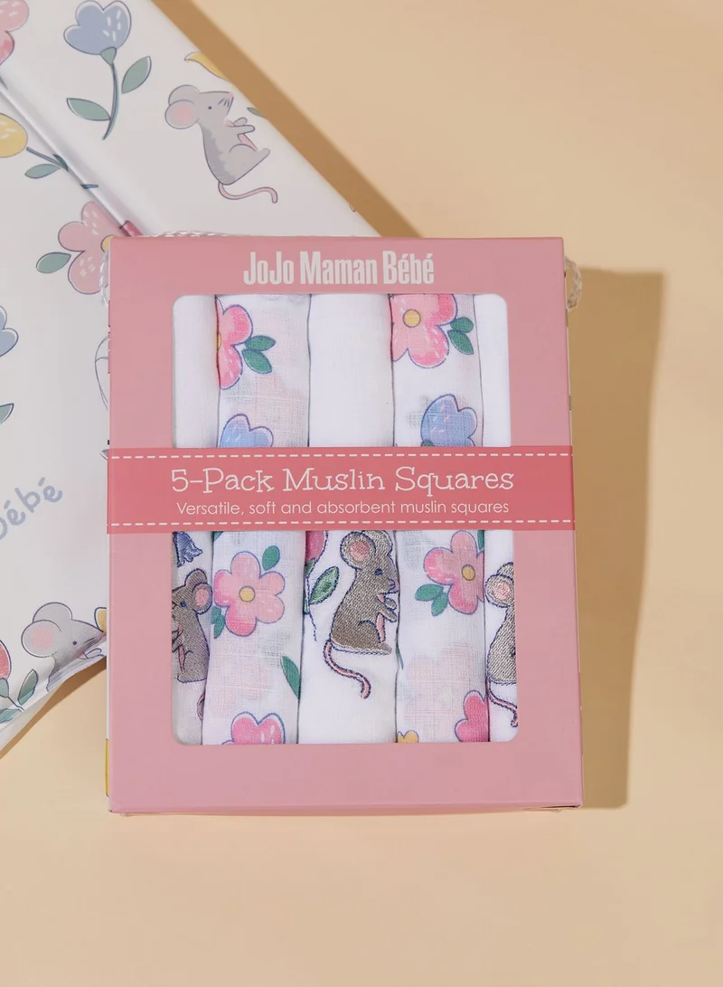 JoJo Maman Bebe 5-Pack Mouse Floral Embroidered Muslins