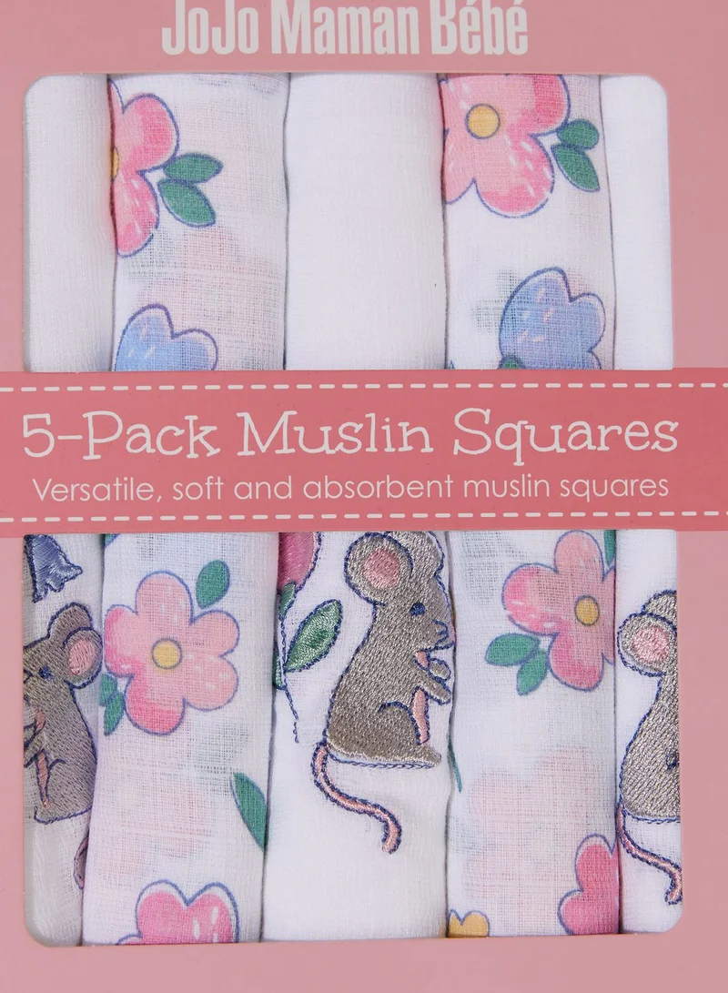 JoJo Maman Bebe 5-Pack Mouse Floral Embroidered Muslins