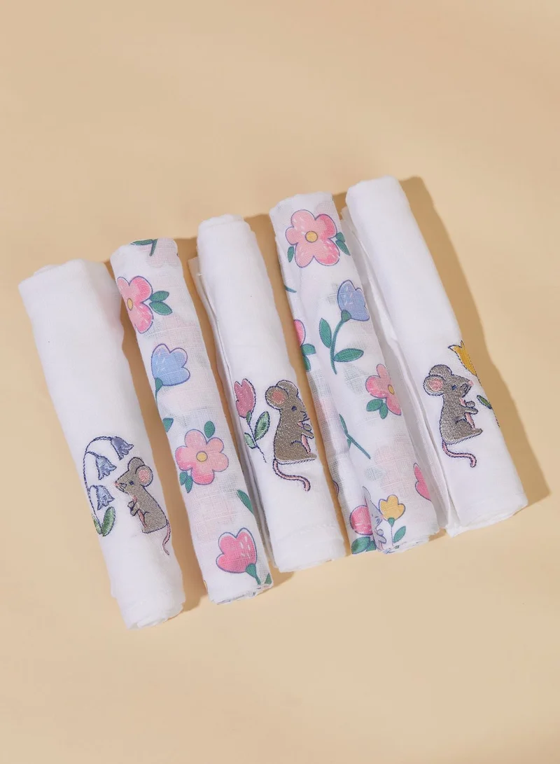 JoJo Maman Bebe 5-Pack Mouse Floral Embroidered Muslins