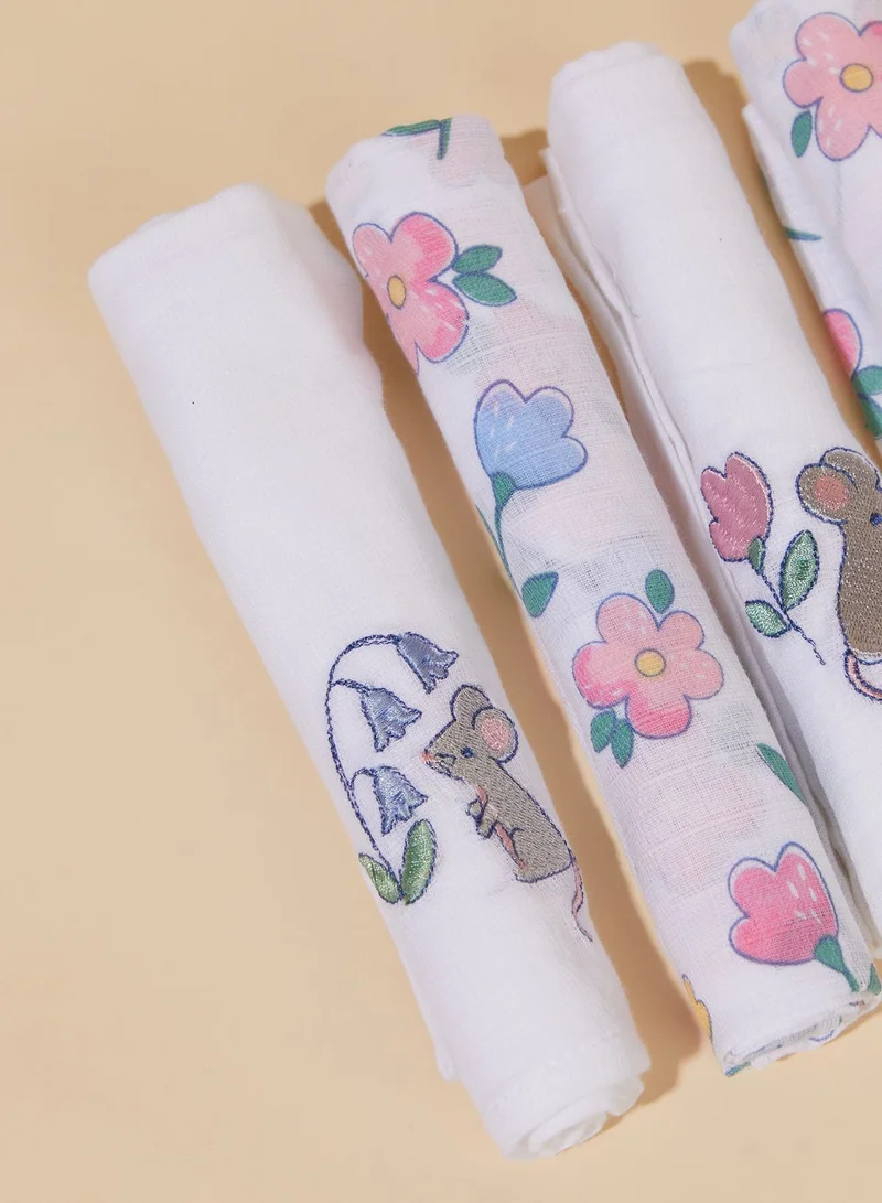 JoJo Maman Bebe 5-Pack Mouse Floral Embroidered Muslins