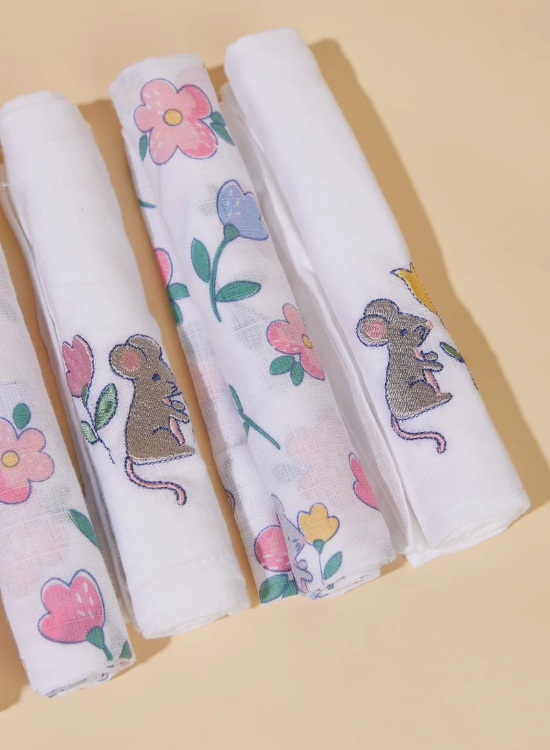 JoJo Maman Bebe 5-Pack Mouse Floral Embroidered Muslins