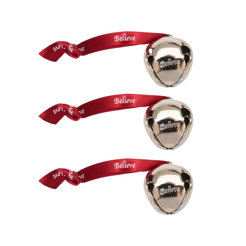 Bevin Bells Believe Sleigh Bells Ornament (3-Pack)  1.5"" Made of Steel  Hanging Bells with a Red Satin Believe Ribbon  Great Tone  Xmas Gift or Stocking Stuffer  Made in The USA