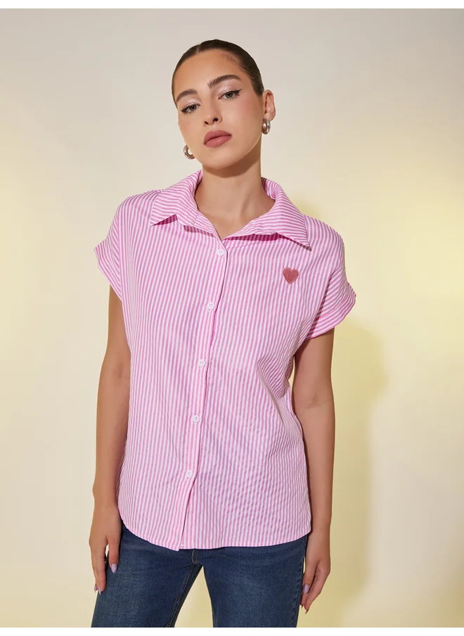 تايك تو Take Two Striped Short Sleeve Regular Fit Shirt with Heart Embroidery Detail
