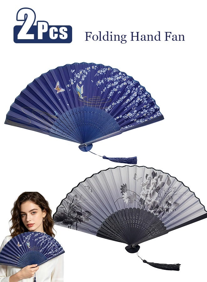 2 pcs Folding Fans — Vintage-Style Bamboo, Wood, and Silk Folding Fans (Chinese & Japanese Styles); Ideal for Weddings, Dance Performances, Church Events, Parties, and as Gifts. - Image 1