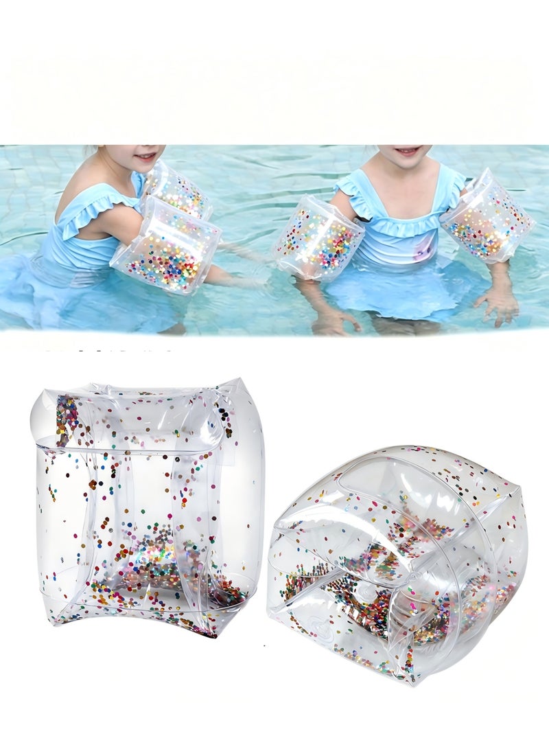 Clear Glitter Inflatable Arm Floaties, Adult & Kids Swim Arm Bands, Thick PVC Safety Flotation Sleeves - Image 1