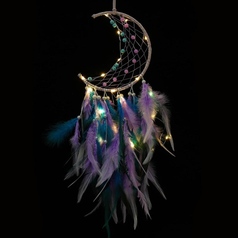 Homoyoyo Handmade Crescent Dream Catcher Wall Hanging with Purple LED Light, Teen Girl Bedroom Decor, Aesthetic Moon Design for Room Hanging Decoration - Image 1