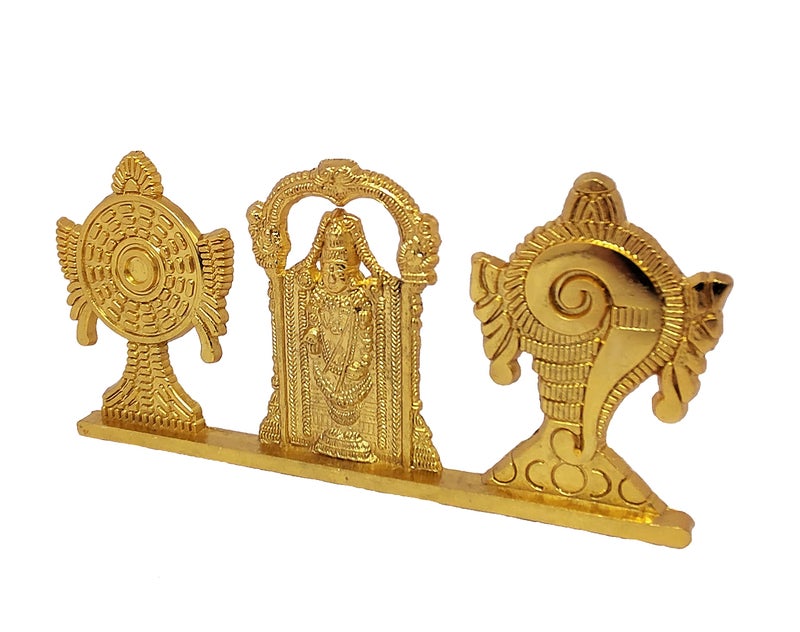 KridayKraft Tirupati Balaji Symbol Stand Shankh Chakra with Balaji Statue Gold Plating Antique Decorative for Car Dashboard Home & Office Table Showpiece Figurines,Religious Gift Idol, 5 x 1 Cm - Image 5
