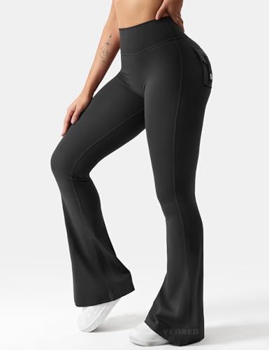 YEOREO CoreFlex Flare Leggings with Pockets for Women Scrunch Workout Leggings Butt Lifting Gym Yoga Pants Black - Image 3