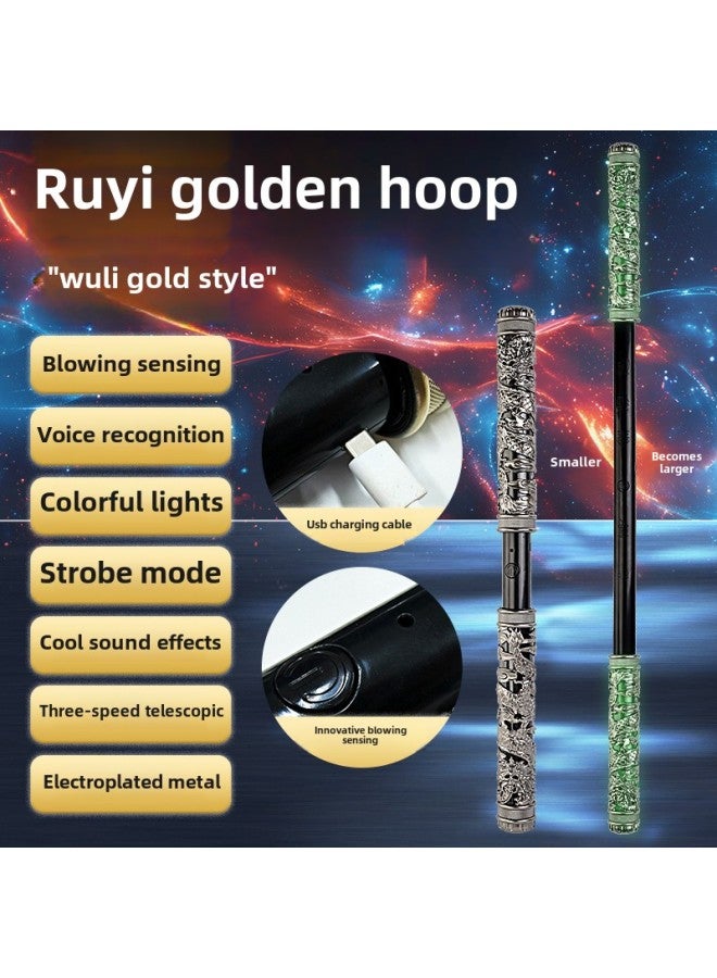 Shake Tone Black Wukong Ruyi Golden Hoop Stick Voice Control Wind Control Electric Telescopic Luminous Blowing Seven Color Children's Toy-Colour:Black Gold Style  Gold Hoop  - Image 1